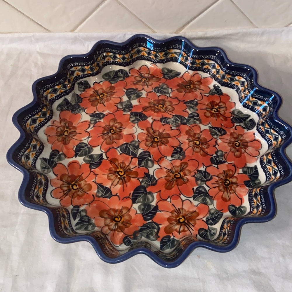 13” Unikat Polish Pottery Fluted Pie Plate handmade Doreta Furkas